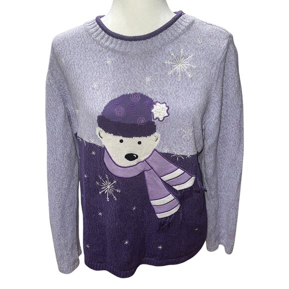 Christopher & Banks Sweater Purple Bear Snowflake L Winter Holiday Christmas - Picture 1 of 10
